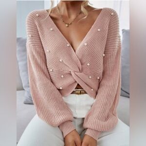 Kara And Kate Blush Pink Crossover Long Sleeve V Neck Pearl Sweater NWT XXL